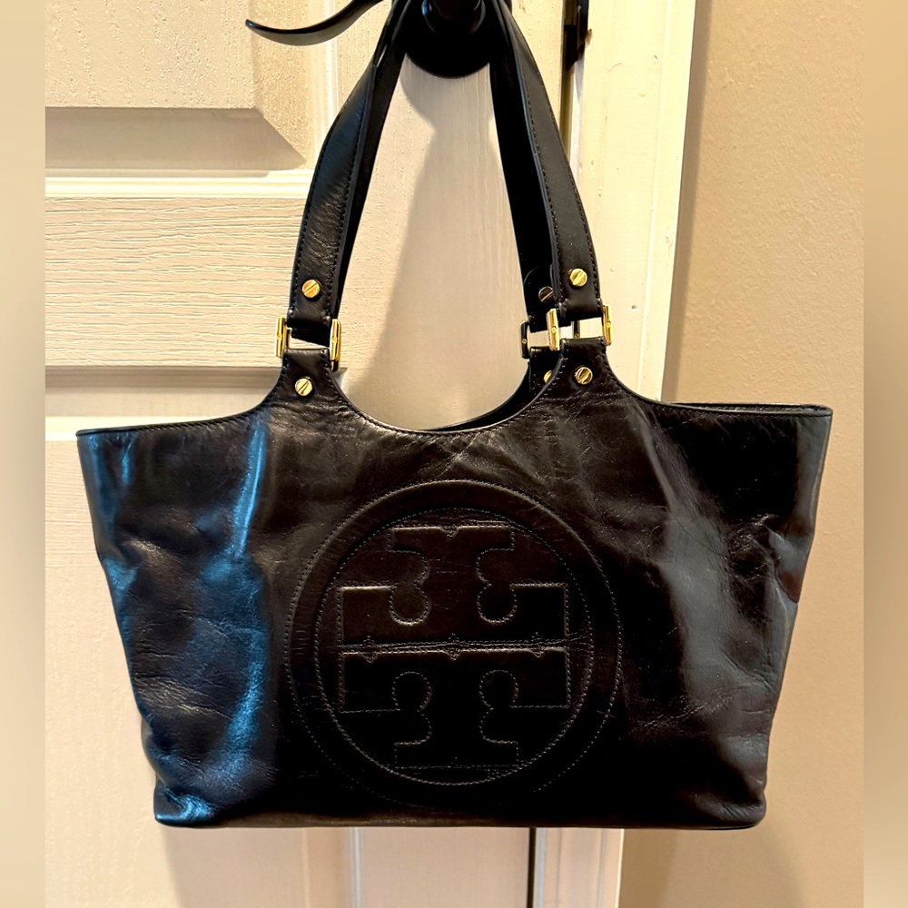 Tory Burch Bombe Tote Bag Leather Black Womens Shoulder Purse Double Handle VTG